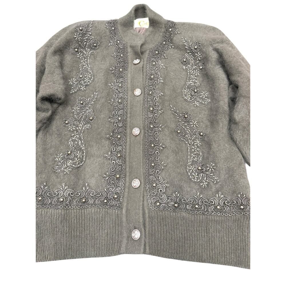 Vintage Carte Angora Rabbit Hair Embellished Cardigan Sweater Gray Beaded Size 8